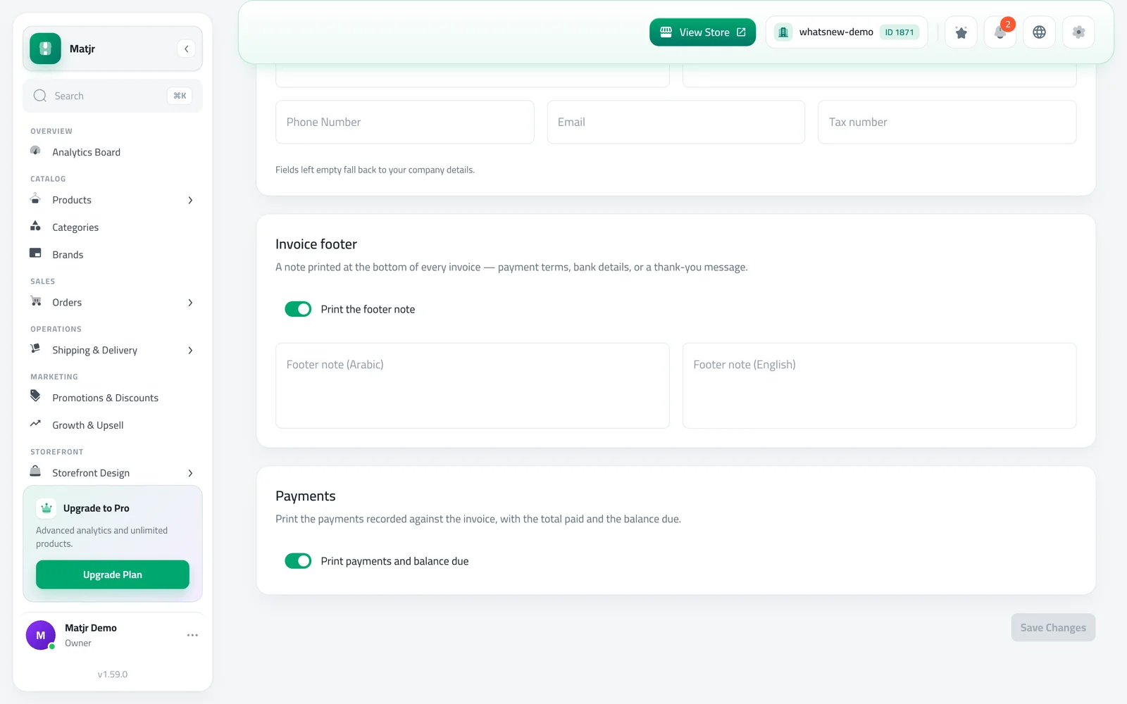 The invoice footer and payments switch