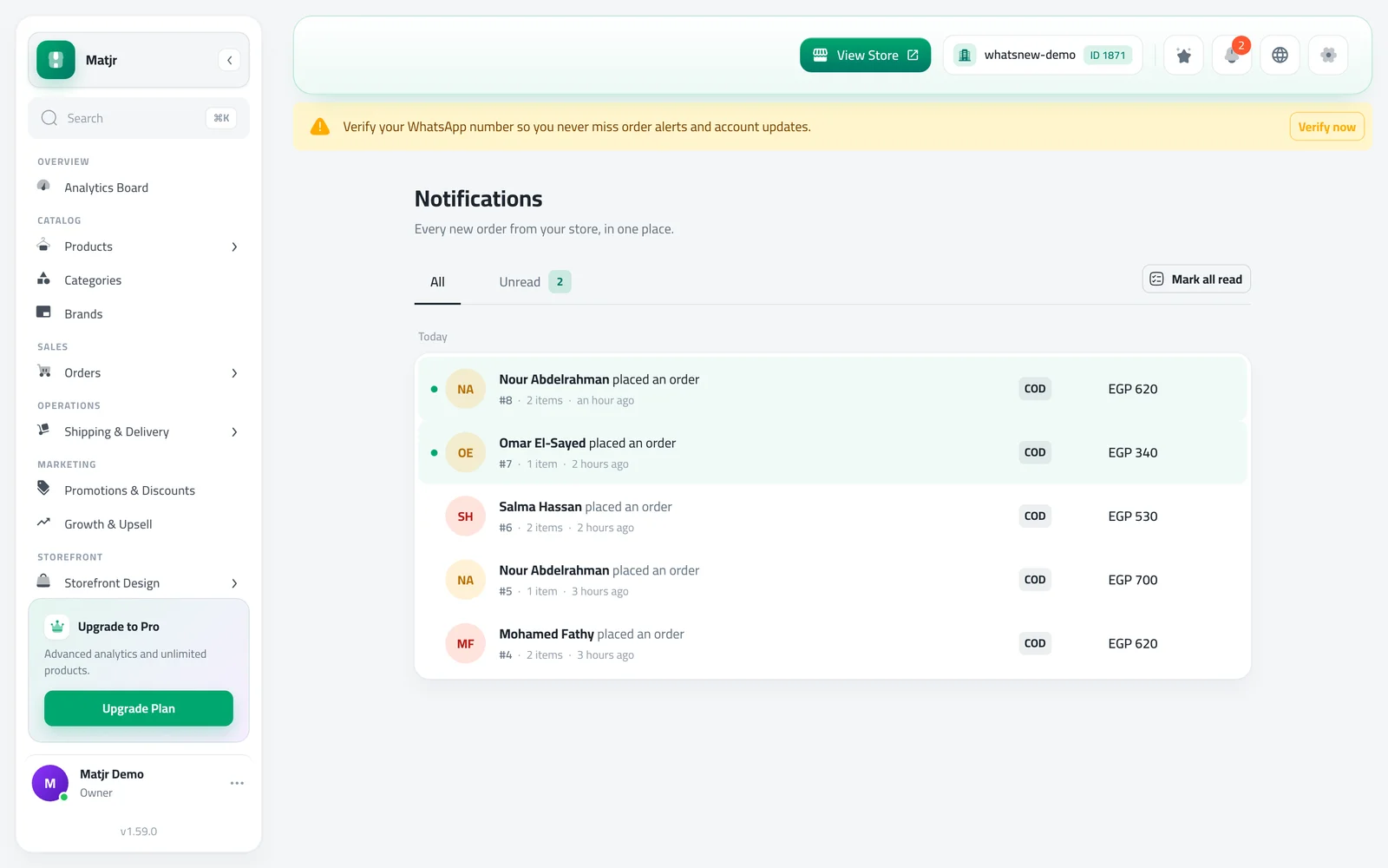 The Notifications page with All and Unread tabs