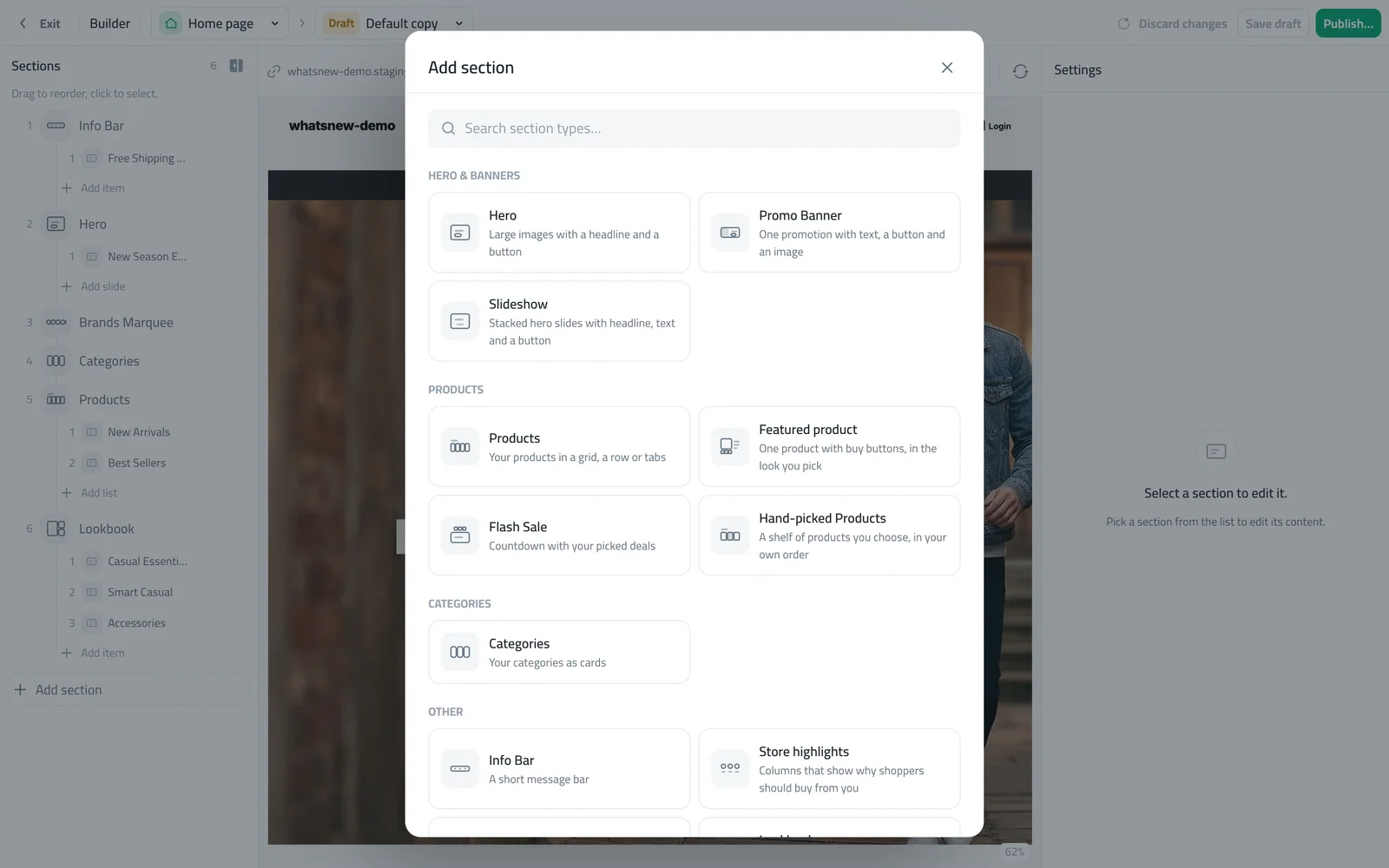 The Add section window with the list of section types