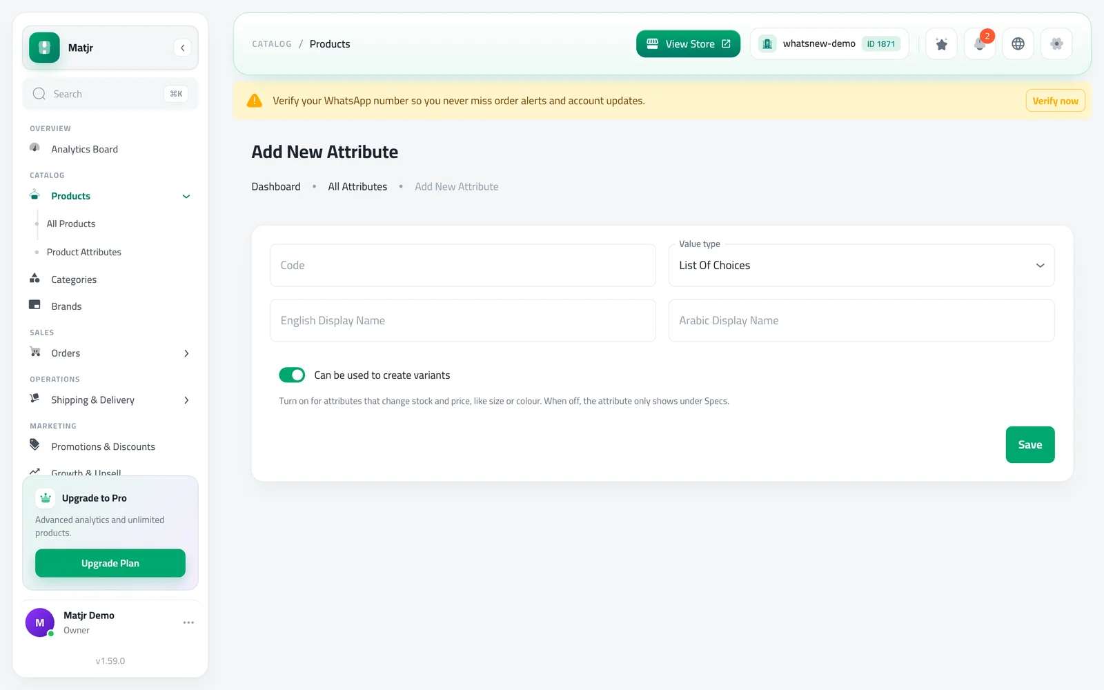 The new attribute form with the value type