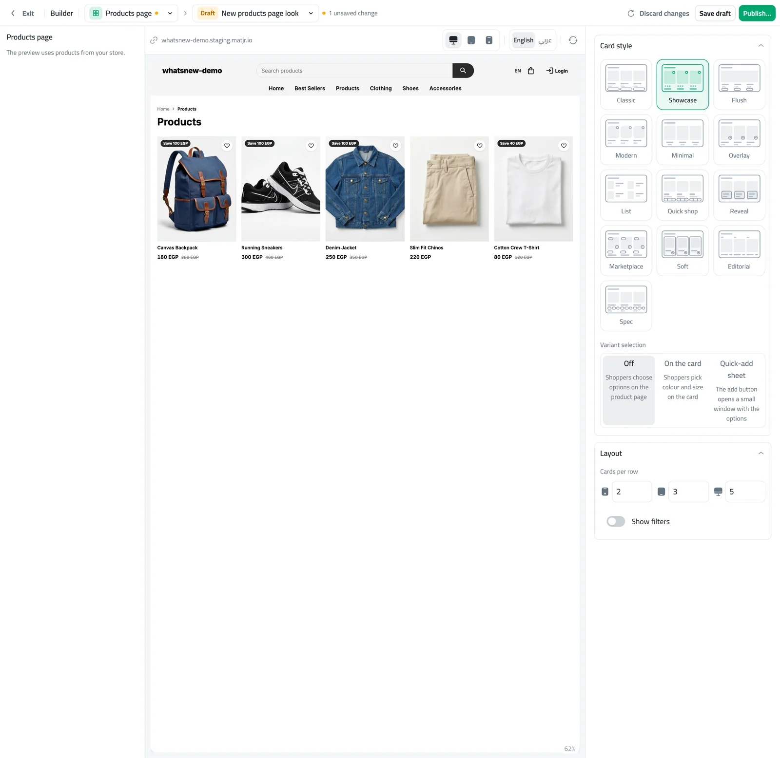 Design your products page and category pages in the builder