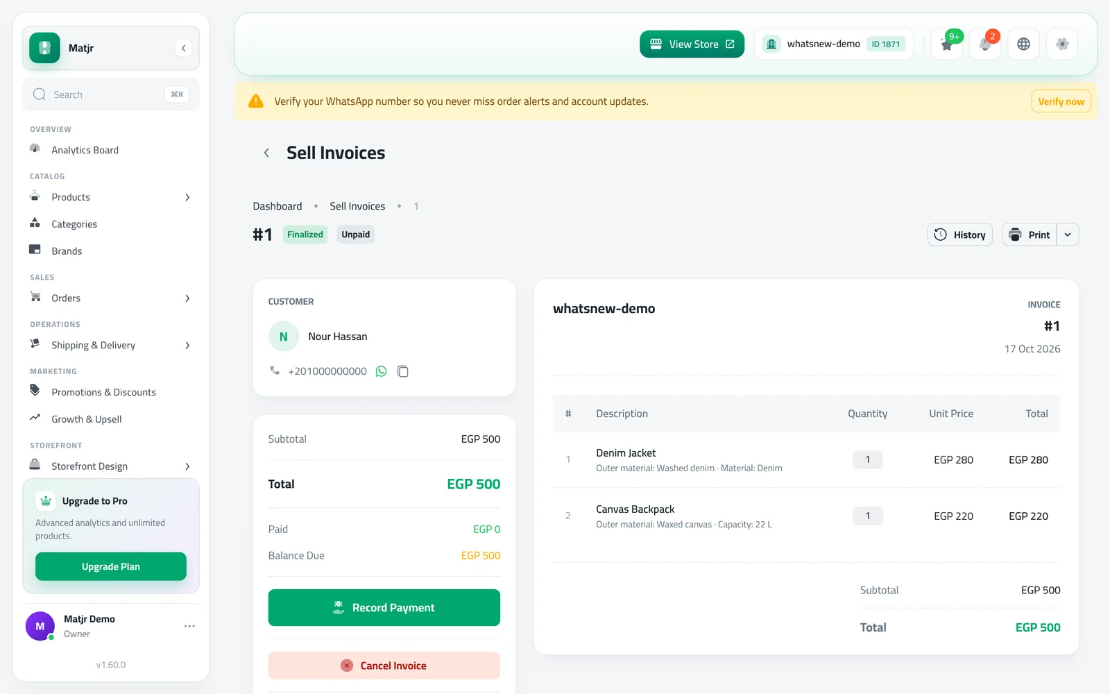 A sell invoice with specs under each product line